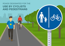 Common Traffic Or Road Rules. Close-up View Of A Sign. Roads Designated For The Use By Pedestrians And Cyclists Sign. Flat Vector Illustration Template.