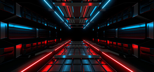 Fototapete - Sci Fy neon lamps in a dark corridor. Reflections on the floor and walls. 3d rendering image.