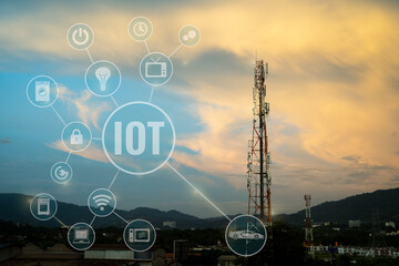 Telecommunication Tower for 2G 3G 4G 5G network during sunset. Antenna, BTS, microwave, repeater, base station, IOT. Technology concept in internet and mobile communication.