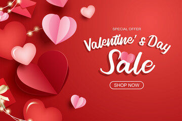 Poster - valentines day sale banner template with heart and text on red background.