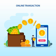 Online transaction, transfer, payment money, mobile banking technology. Flat vector template Style Suitable for Web Landing Page, Background