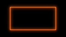 Neon Rectangle Banner. Abstract Neon, Led Square, Border. Futuristic Colorful. Glow Orange Light. Modern Neon Glowing Rectangle Frame Shaped Lines Orange Colored Lights In A Black Background