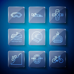 Wall Mural - Set line Landslide, Rafting boat, Bicycle, Knee pads, Helmet, Jet ski, Ski goggles and lift icon. Vector