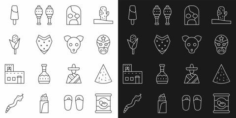 Canvas Print - Set line Beans in can, Nachos, Mexican wrestler, Poncho, Corn, Popsicle ice cream and Dog icon. Vector