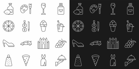 Poster - Set line Covered with tray of food, Grape fruit, Bottle wine in bucket, Wine glass, Violin, Pizza, Limoncello bottle and Ice cream icon. Vector