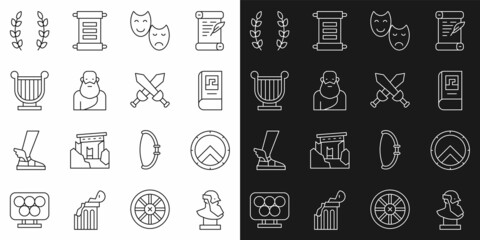 Canvas Print - Set line Ancient bust sculpture, Greek shield, history book, Comedy and tragedy masks, Socrates, lyre, Laurel wreath and Crossed medieval sword icon. Vector