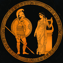 Ancient Greek Warrior In Armor And A Helmet With A Spear And Shield And A Woman In A Tunic With A Harp. Two Figures In A Round Frame With Meander Ornament.