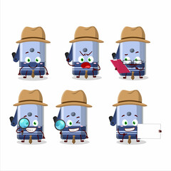 Wall Mural - Detective blue pencil sharpener table cute cartoon character holding magnifying glass