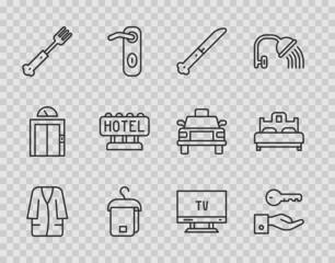 Canvas Print - Set line Bathrobe, Hotel door lock key, Knife, Towel on hanger, Fork, Signboard with text, Smart Tv and Bedroom icon. Vector