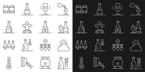 Poster - Set line Bottle of wine, Sun and cloud weather, Wine bottle with glass, Farmer hat, Wooden barrel for and Champagne icon. Vector