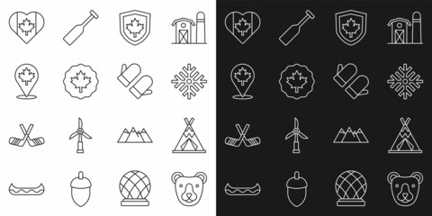 Wall Mural - Set line Bear head, Indian teepee or wigwam, Snowflake, Canada flag on shield, Canadian maple leaf, Heart shaped and Christmas mitten icon. Vector