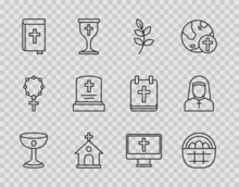 Set Line Christian Chalice, Basket With Easter Eggs, Willow Leaf, Church Building, Holy Bible Book, Grave Tombstone, Cross Monitor And Nun Icon. Vector