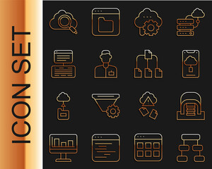 Aufkleber - Set line Hierarchy organogram chart, Hangar with servers, Cloud technology data transfer, Analyst engineer, Server, Data, Web Hosting, Search cloud computing and Folder tree icon. Vector