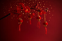 Chinese New Year Background With Sakura Branch And Lanterns
