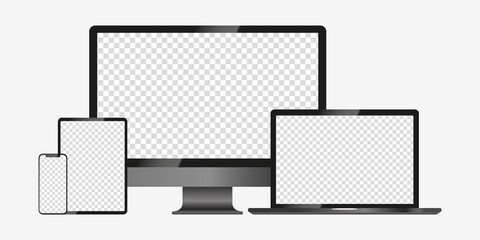 Aufkleber - Realistic mockups computer, laptop, tablet and smartphone on an isolated background. Device screen mockup collection. Empty screen mock-up. Vector EPS 10