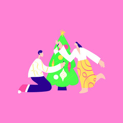 Sticker - Couple Christmas Tree Decoration. Vector Illustration of Trendy Modern People.