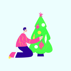 Sticker - Man Decorating Christmas Tree. Vector Illustration of Trendy Modern People.