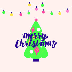 Sticker - Merry Christmas Tree. Vector Illustration of Trendy Modern Seasonal Postcard.