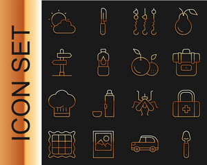 Wall Mural - Set line Spoon, First aid kit, Hiking backpack, Grilled shish kebab skewer, Bottle of water, Road traffic sign, Sun and cloud weather and Fruit icon. Vector