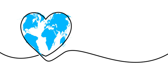 Single line drawn heart shape with world map.