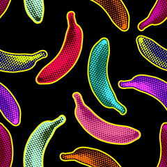 Wall Mural - Seamless vector pop art pattern of colorful bananas randomly distributed on black background in halftone dot style design.