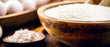 Eggshell Flour In Rustic Wooden Bowl, Alternative Home Made Flour