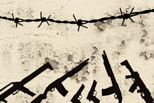 Wall With Cracks, Barbed Wire, Drawing Of A Weapon, The Concept Of War, Revolution, Armed Uprising In The Country, Gunfights Of Bandits, Terrorist Attack, Redistribution Of Power