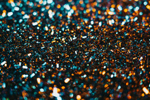 Festive Glitter Background. Colorful Blue And Orange Light. Copy Space For Art Party Project. Abstract Sparkles Shining, Beautiful Texture
