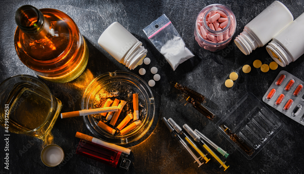 drugs cigarettes and alcohol Addictive substances, including alcohol, cigarettes and drugs Stock Photo