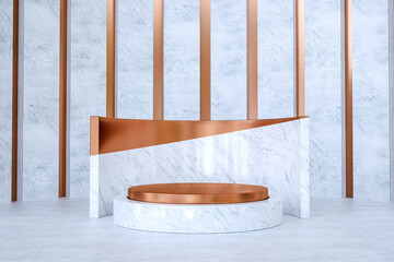 Poster - White marble stand with golden details for product presentation. Elegant and modern scene. 3d render