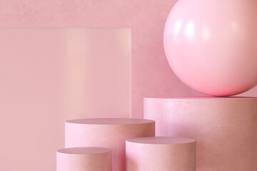 Poster - 3d illustration. Minimal pink scene of three empty podiums for product presentation