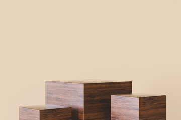 Poster - 3d render. Minimal scene of three empty wooden geometric podiums on an beige background