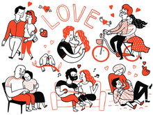 Cute Doodle Illustration Character Of Couple Lovers In Romantic Moment In Concept Of Valentine's Day. Multiracial, Different People, Diversity, Sketch And Hand Drawn Design.