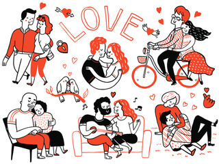 Cute doodle illustration character of couple lovers in romantic moment in concept of Valentine's day. Multiracial, different people, diversity, sketch and hand drawn design.