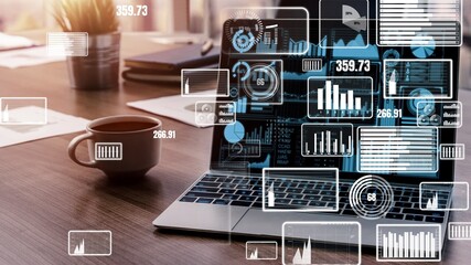 Data Analysis for Business and Finance conceptual . Graphic interface showing future computer technology of profit analytic, online marketing research and information report for business strategy.