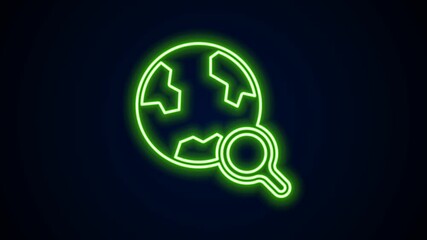 Poster - Glowing neon line Magnifying glass with globe icon isolated on black background. Analyzing the world. Global search sign. 4K Video motion graphic animation