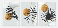 Golden Sun And Botanical Vector Set. Wall Art Composition. Yellow Gold Circle, Hand Painted Exotic Leaves.