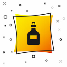 Black Alcohol Drink Rum Bottle Icon Isolated On White Background. Yellow Square Button. Vector