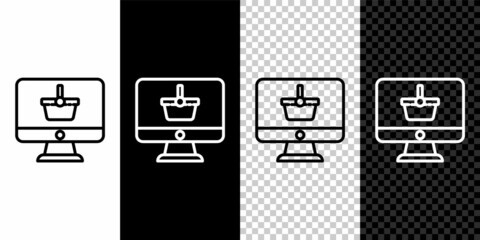 Sticker - Set line Computer monitor with shopping basket icon isolated on black and white background. Online Shopping cart. Supermarket basket symbol. Vector Illustration