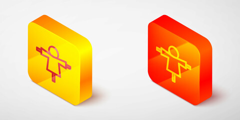 Sticker - Isometric line Scarecrow icon isolated on grey background. Yellow and orange square button. Vector