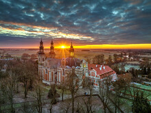  Abbey In Lad, Poland Wielkopolska, Polish Church During The Sunset In Winter Time From Above, Drone Photo 