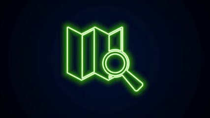 Poster - Glowing neon line Search location icon isolated on black background. Magnifying glass with pointer sign. 4K Video motion graphic animation