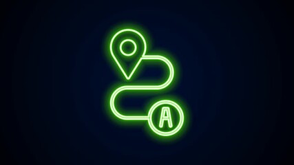 Poster - Glowing neon line Route location icon isolated on black background. Map pointer sign. Concept of path or road. GPS navigator. 4K Video motion graphic animation
