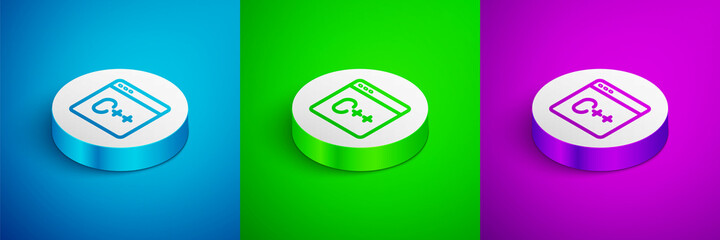 Isometric line Software, web developer programming code icon isolated on blue, green and purple background. Javascript computer script random parts of program code. White circle button. Vector