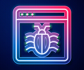 Glowing neon line System bug concept icon isolated on blue background. Code bug concept. Bug in the system. Bug searching. Vector