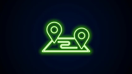 Poster - Glowing neon line Route location icon isolated on black background. Map pointer sign. Concept of path or road. GPS navigator. 4K Video motion graphic animation