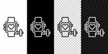 Set Line Smart Watch Showing Heart Beat Rate Icon Isolated On Black And White, Transparent Background. Fitness App Concept. Vector