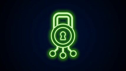 Poster - Glowing neon line Cyber security icon isolated on black background. Closed padlock on digital circuit board. Safety concept. Digital data protection. 4K Video motion graphic animation