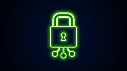 Poster - Glowing neon line Cyber security icon isolated on black background. Closed padlock on digital circuit board. Safety concept. Digital data protection. 4K Video motion graphic animation