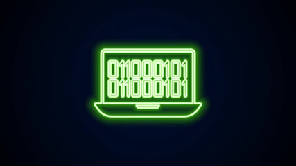 Poster - Glowing neon line Binary code icon isolated on black background. 4K Video motion graphic animation